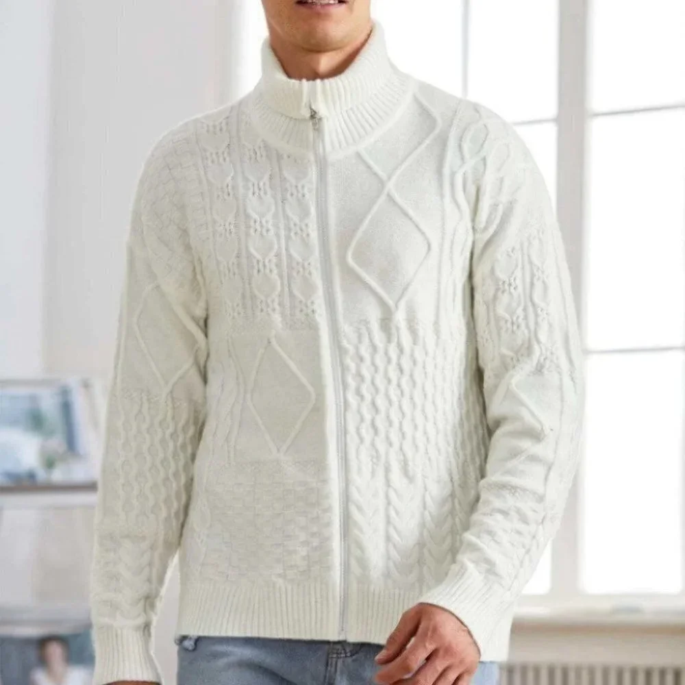 Casual Cable Knit Men's Cardigan w/Turtle Neck & D